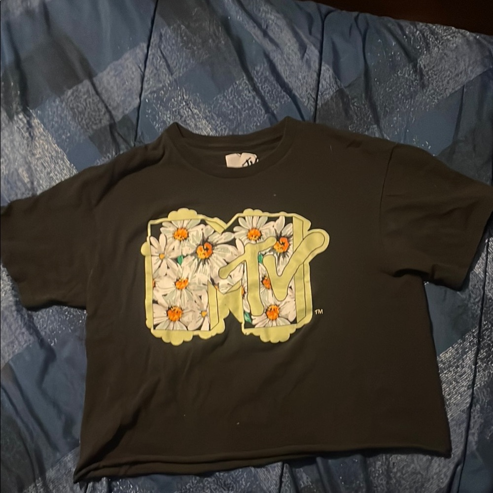 MTV Black Crop Top with Bold Graphic Design